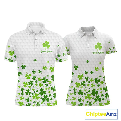 Custom Green shamrock pattern matching golf shirt for couples custom St. Patrick's day golf outfit NQS11610