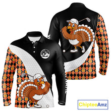 Load image into Gallery viewer, Golf Turkey Thanksgiving Mens Polo Shirt Orange Pumpkin argyle pattern Custom Golf outfit For Men NQS10839