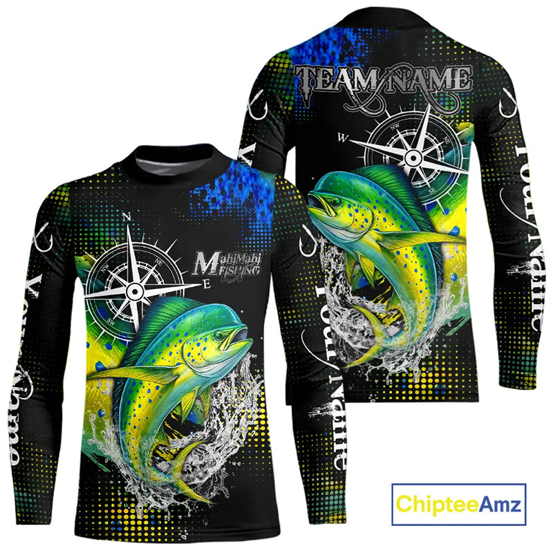 Personalized Black and Green Mahi Mahi fishing scales compass Performance long sleeve Fishing Shirts NQS11216