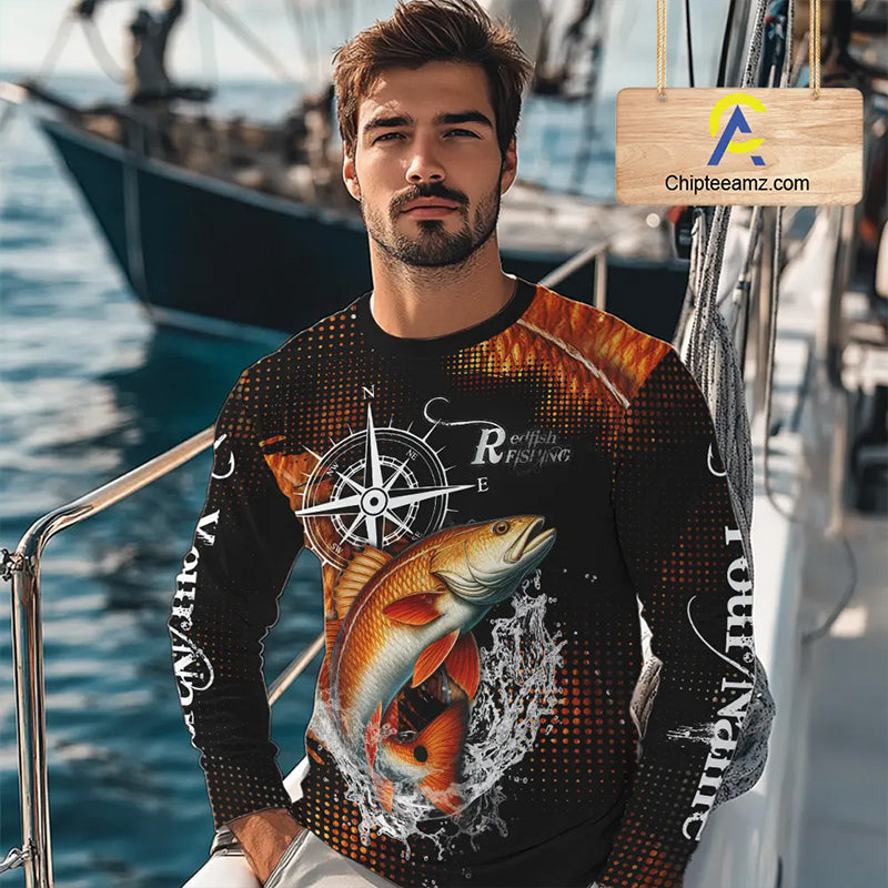Personalized Black and Red Redfish fishing scales compass Performance long sleeve Fishing Team Shirts NQS11217