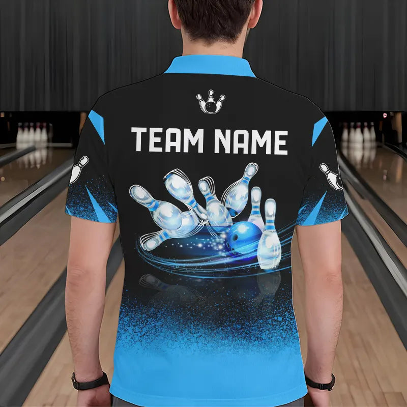 Black and Blue Flame Bowling Polo, Quarter Zip shirts for Men Custom Bowling Team League Jerseys NQS9345