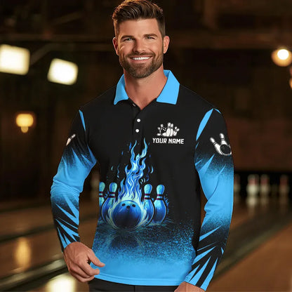 Black and Blue Flame Bowling Polo, Quarter Zip shirts for Men Custom Bowling Team League Jerseys NQS9345