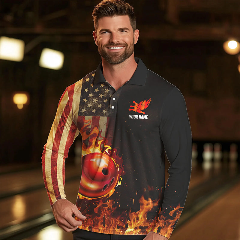Vintage American Flag Flame Bowling Shirts For Men Custom Patriotic Mens Bowling Team Jersey NQS9651