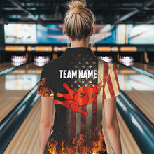 Load image into Gallery viewer, Vintage American Flag Flame Bowling Shirts For Women Custom Patriotic Ladies Bowling Team Jersey NQS9651