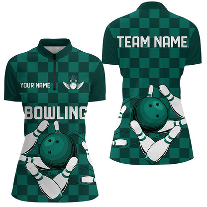 Green checkered Women Bowling Polo, 1/4 Zip Shirt Custom team bowling jerseys, Ladies bowling outfits NQS8436
