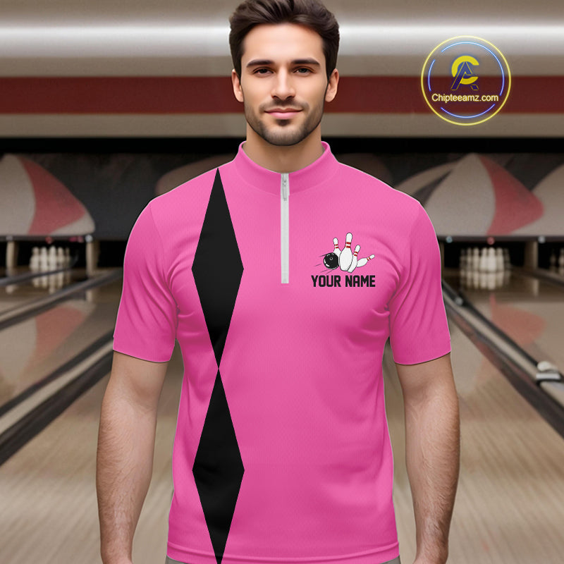 Personalized Retro Bowling Polo, Quarter Zip Shirts For Men custom vintage bowling team jersey | Pink NQS11012