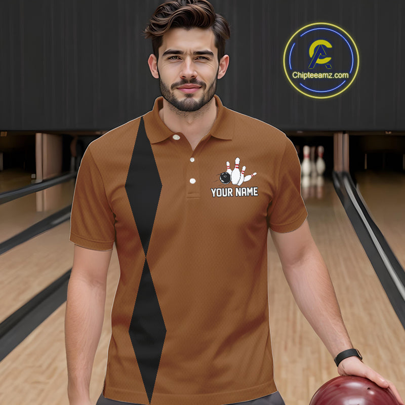 Personalized Retro Bowling Polo, 1/4 Zip Shirts For Men custom vintage bowling team jersey | Brown NQS11016