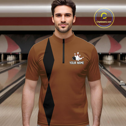 Personalized Retro Bowling Polo, 1/4 Zip Shirts For Men custom vintage bowling team jersey | Brown NQS11016