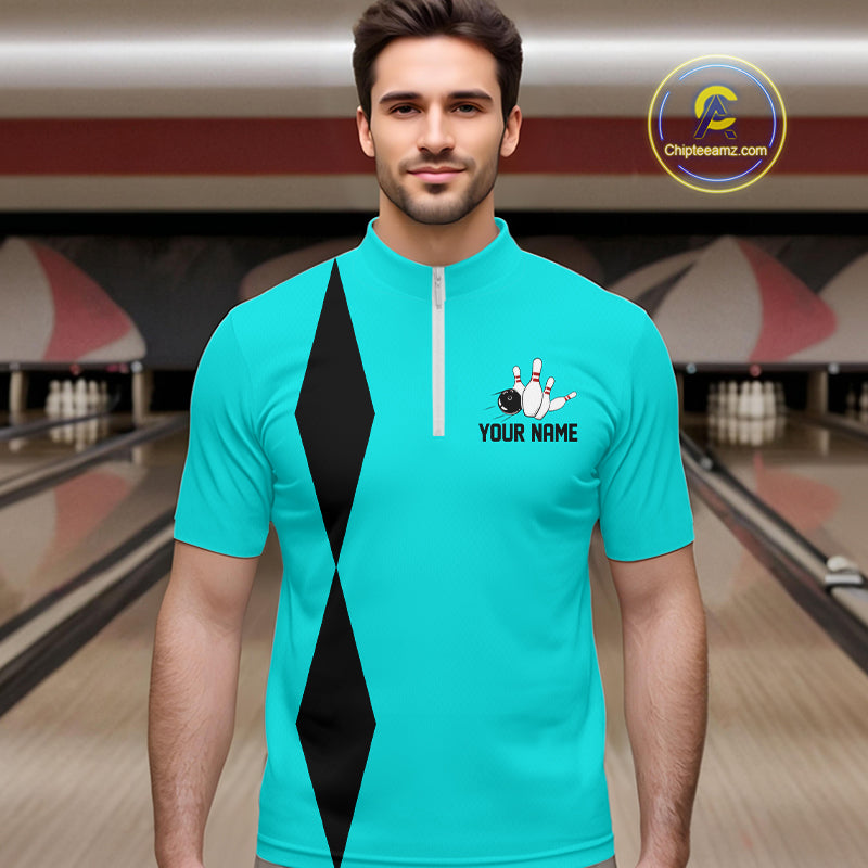 Personalized Retro Bowling Polo, 1/4 Zip Shirt For Men custom vintage bowling team jersey | Cyan Blue NQS11017