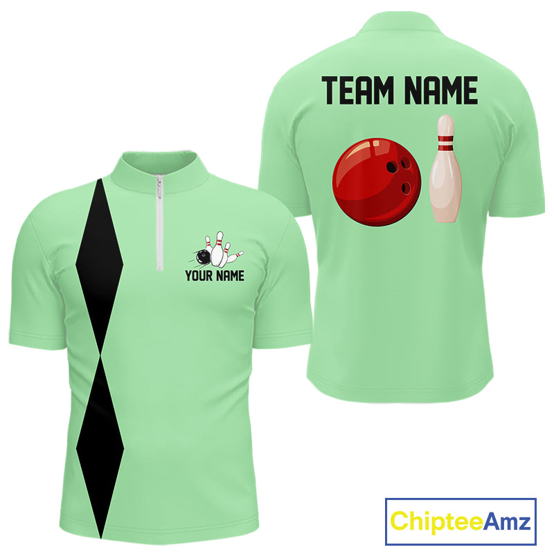 Personalized Retro Bowling Polo, 1/4 Zip Shirt For Men custom vintage bowling team jersey| Mint Green NQS11018