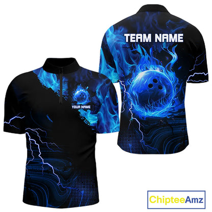 Black & Blue Flame Lightning Thunder Bowling Shirts For Men Custom Bowling Team Jersey, Bowlers Gift NQS11227