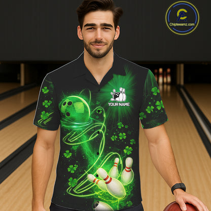 Green shamrock lightning thunder St Patrick's Day button-up bowling shirts custom team bowling jersey NQS11414