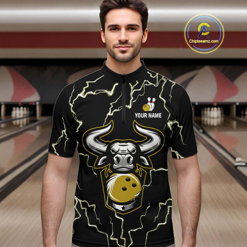 Bowling Bull Thunder Lightning Black & Yellow Bowling shirt for men custom Bowling Team League Jersey NQS11418