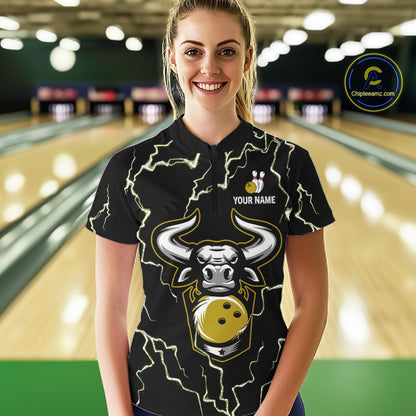 Bowling Bull Thunder Lightning Black Yellow Bowling shirt for Women custom Bowling Team League Jersey NQS11418