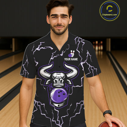 Bowling Bull Thunder Lightning Black & Purple Button-up bowling shirts custom Bowling Team Jersey NQS11419