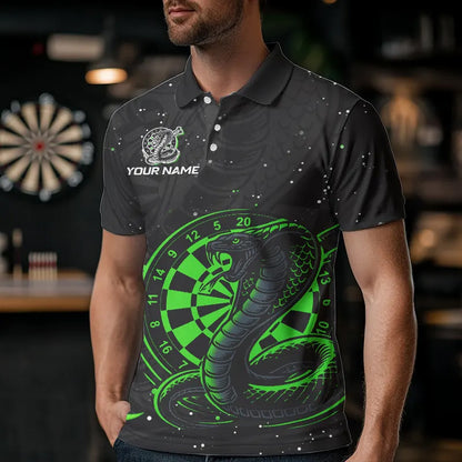 Black and Green Cobra Snake Darts Polo, Quarter Zip Shirts For Men Custom Name Darts Team Jerseys NQS9656