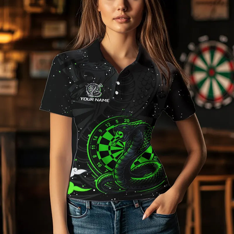 Black and Green Cobra Snake Darts Polo, Quarter Zip Shirts For Women Custom Name Darts Team Jerseys NQS9656