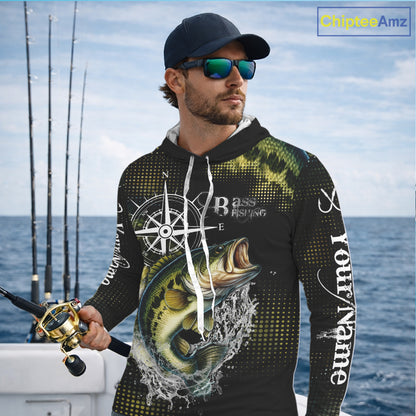 Personalized Black and Green Bass fishing scales compass Performance long sleeve Fishing Team Shirts NQS11725