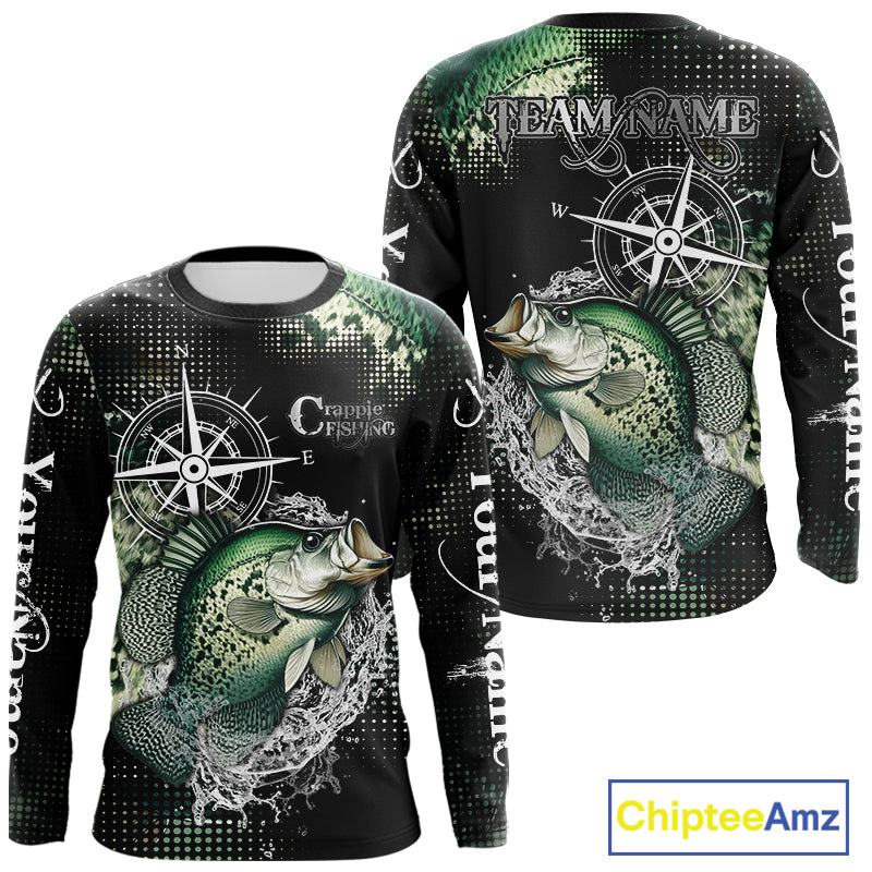 Custom Black and Green Crappie fishing scales compass Performance long sleeve Fishing Team Shirts NQS11727