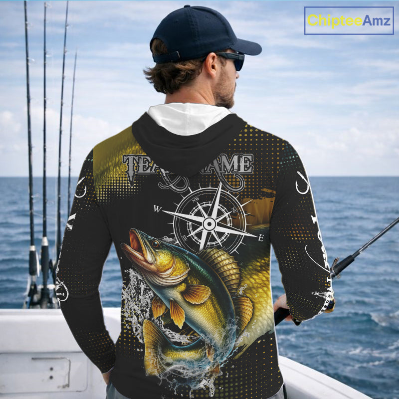 Custom Black and Yellow Walleye fishing scales compass Performance long sleeve Fishing Team Shirts NQS11726