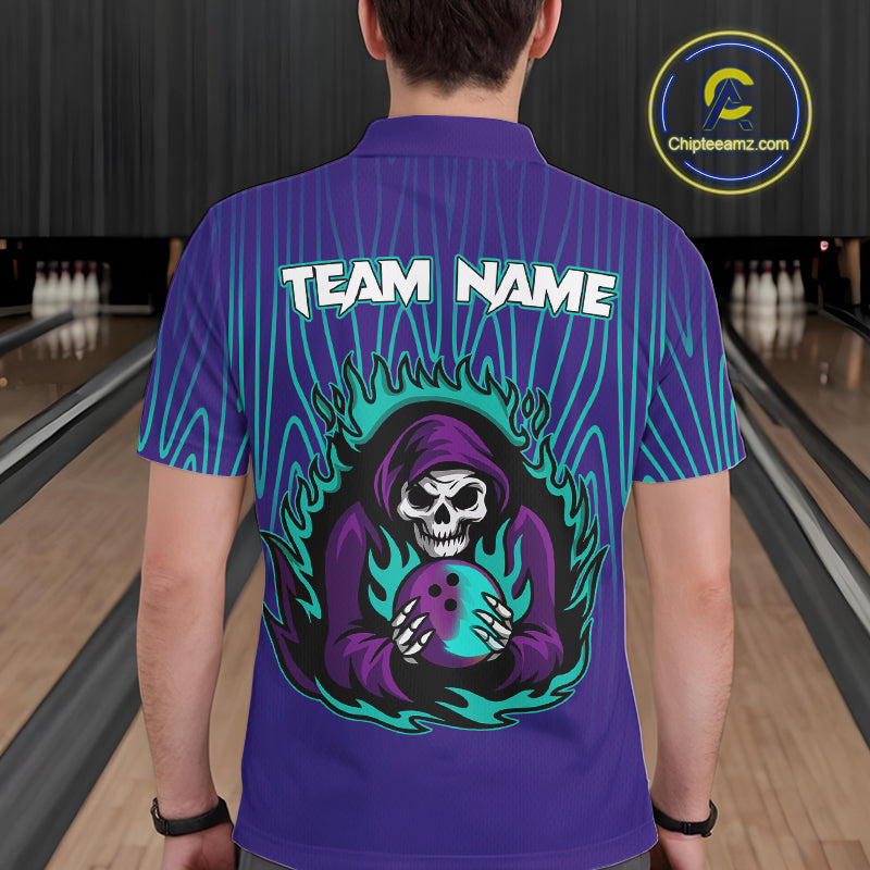 Custom Purple and Blue Flame Skull Reaper Bowling Shirts For Men, Personalized Bowling outfits men NQS11030