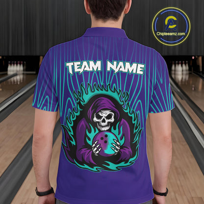 Custom Purple and Blue Flame Skull Reaper Bowling Shirts For Men, Personalized Bowling outfits men NQS11030