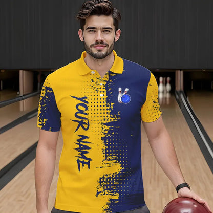 Blue and Yellow Bowling Polo, Quarter Zip shirts for Men Custom Bowling Team Jerseys NQS9354