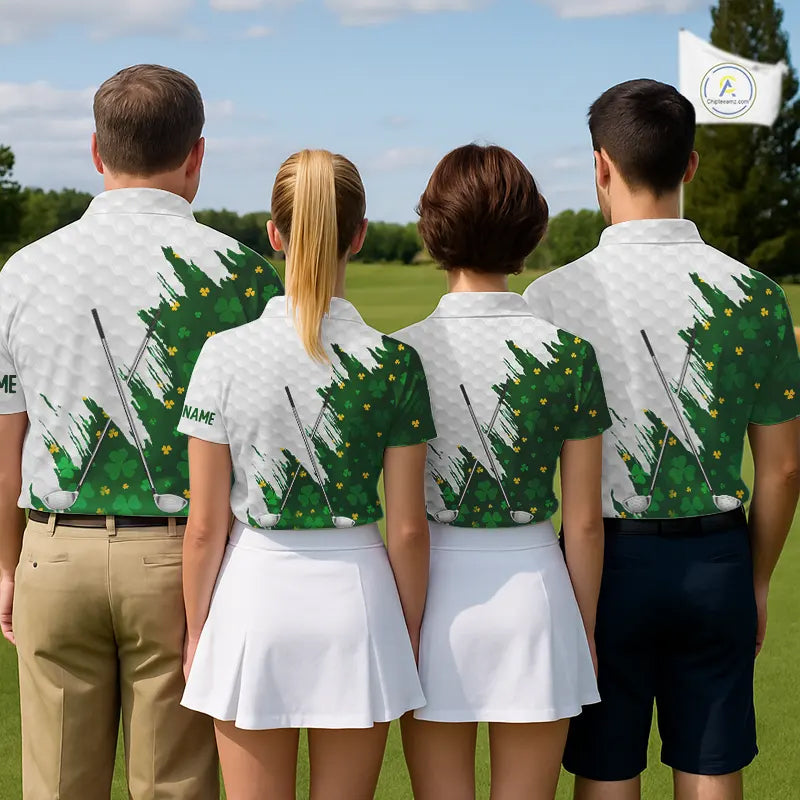 Green clover pattern St Patrick's day custom white Mens golf polo shirts, team mens golf tops NQS11421