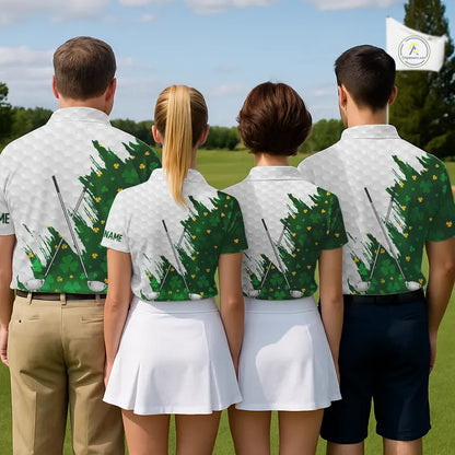 Green clover pattern St Patrick's day custom white Mens golf polo shirts, team mens golf tops NQS11421