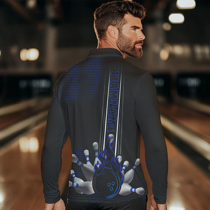 Personalized Black and Blue Flame Bowling Polo, Quarter Zip Shirts For Men Custom Bowling Team Jerseys NQS9497
