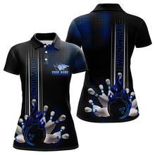 Load image into Gallery viewer, Personalized Black and Blue Flame Bowling Polo, Quarter Zip Shirt For Women Custom Bowling Team Jersey NQS9497