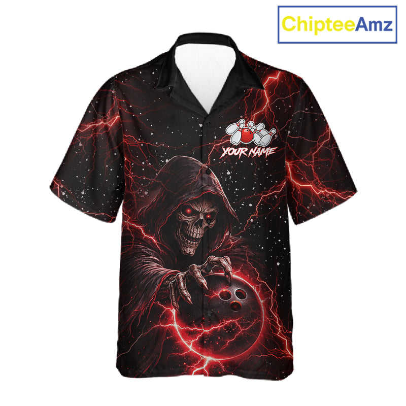 Custom Black And Red Lightning Thunder Skull Reaper Bowling Button-up Shirt, Hawaiian Bowling Jerseys NQS11623
