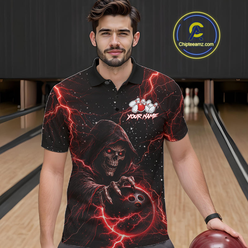 Custom Black And Red Lightning Thunder Skull Reaper Bowling Shirts For Men, Bowling Team Jerseys NQS11623