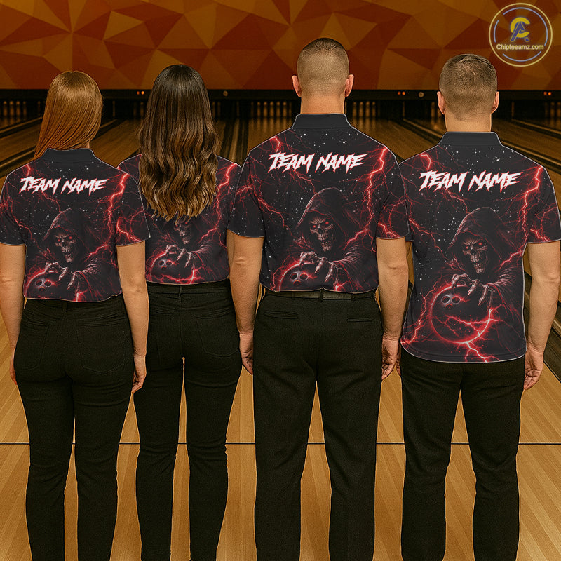 Custom Black And Red Lightning Thunder Skull Reaper Bowling Shirts For Men, Bowling Team Jerseys NQS11623