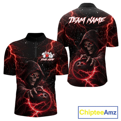 Custom Black And Red Lightning Thunder Skull Reaper Bowling Shirts For Men, Bowling Team Jerseys NQS11623