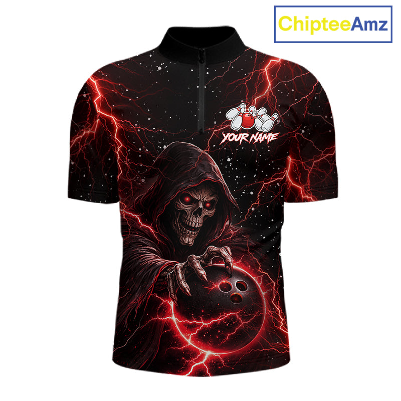 Custom Black And Red Lightning Thunder Skull Reaper Bowling Shirts For Men, Bowling Team Jerseys NQS11623