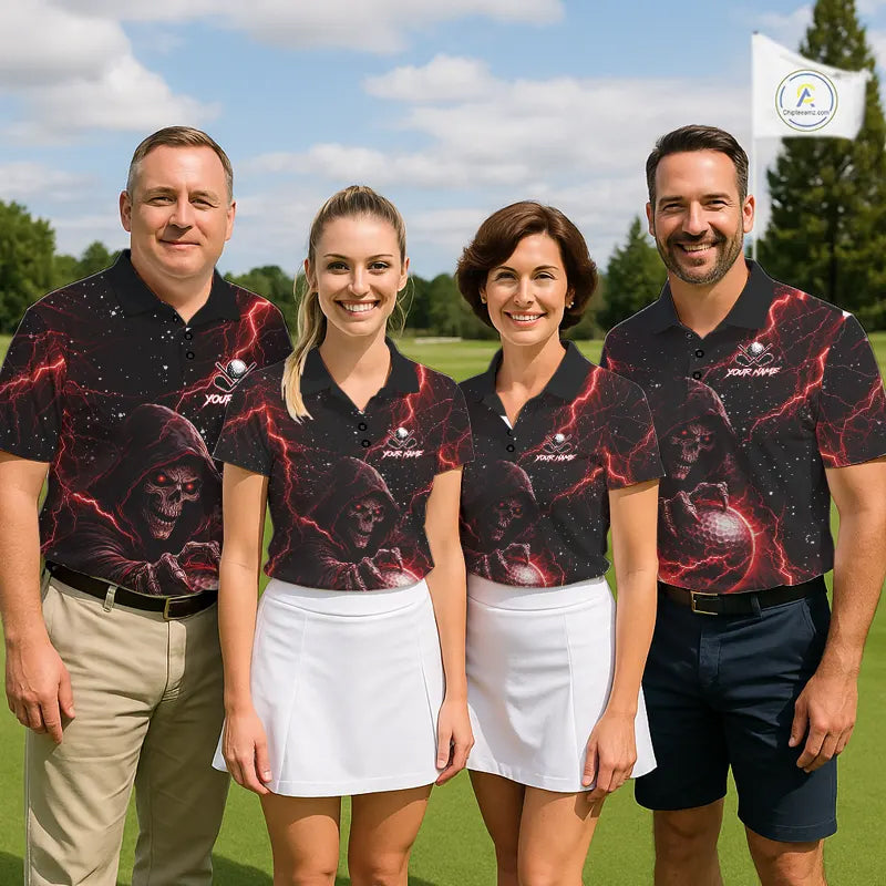 Custom Black And Red Lightning Thunder Skull Reaper Mens Golf Polo Shirt, men's golf apparel NQS11624