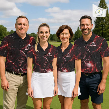 Custom Black And Red Lightning Thunder Skull Reaper Mens Golf Polo Shirt, men's golf apparel NQS11624