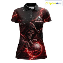 Load image into Gallery viewer, Custom Black And Red Lightning Thunder Skull Reaper Womens Golf Polo Shirt, ladies golf apparel NQS11624