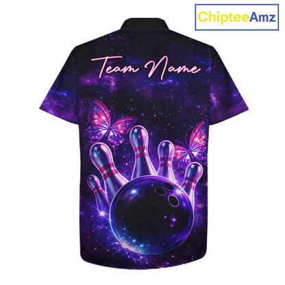Custom Purple Galaxy Butterfly Bowling Button-up Shirt, Hawaiian Bowling Team Jersey With Butterflies NQS11627