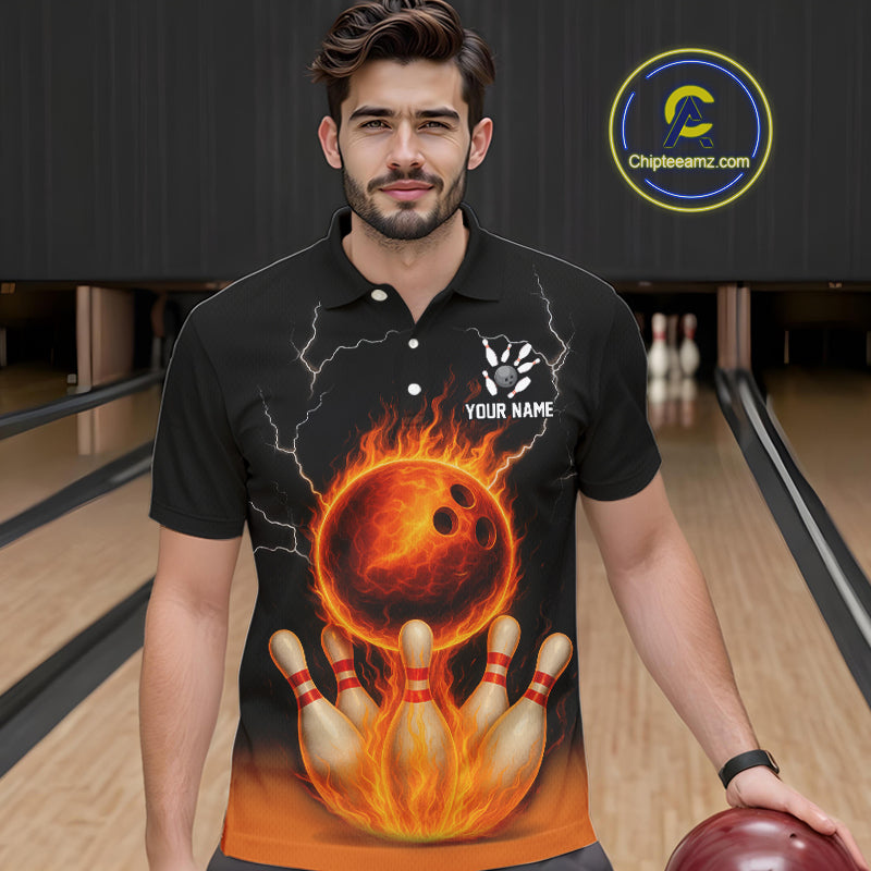 Custom Black and Orange Flame Lightning Bowling Polo, Quarter Zip Shirt For Men, Team Bowling Outfit NQS10855