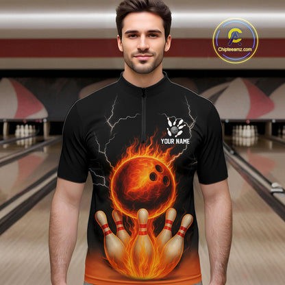 Custom Black and Orange Flame Lightning Bowling Polo, Quarter Zip Shirt For Men, Team Bowling Outfit NQS10855