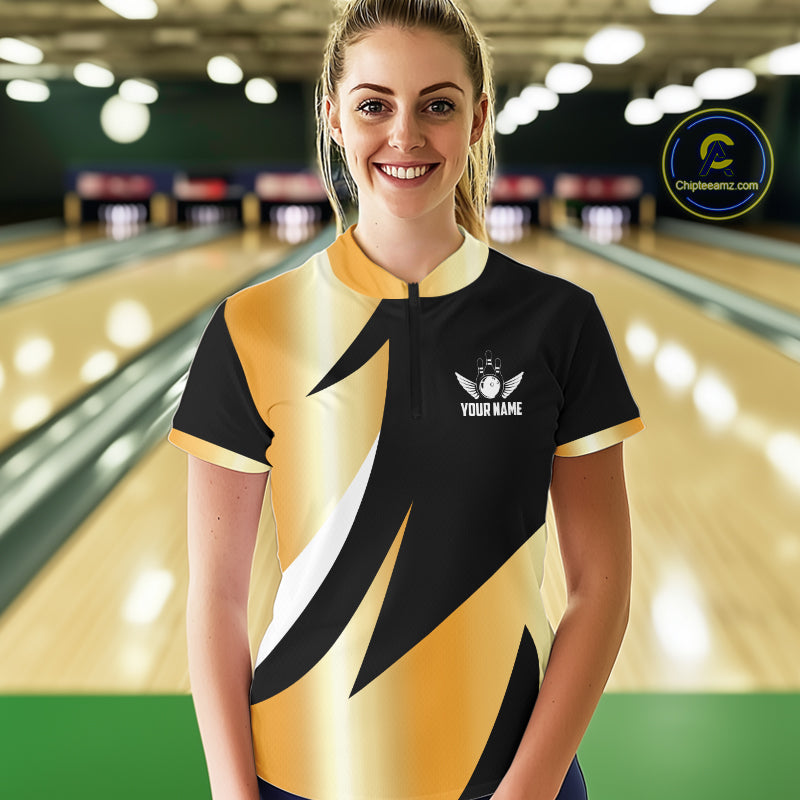 Black and Gold Bowling ball wings Bowling Polo, 1/4 Zip Shirts for Women Custom Bowling Team jersey NQS11043