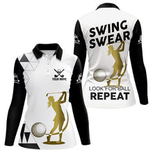 Load image into Gallery viewer, Black and White Womens Golf Polo Shirts custom Swing, swear, look for ball repeat golf tops for women NQS9158