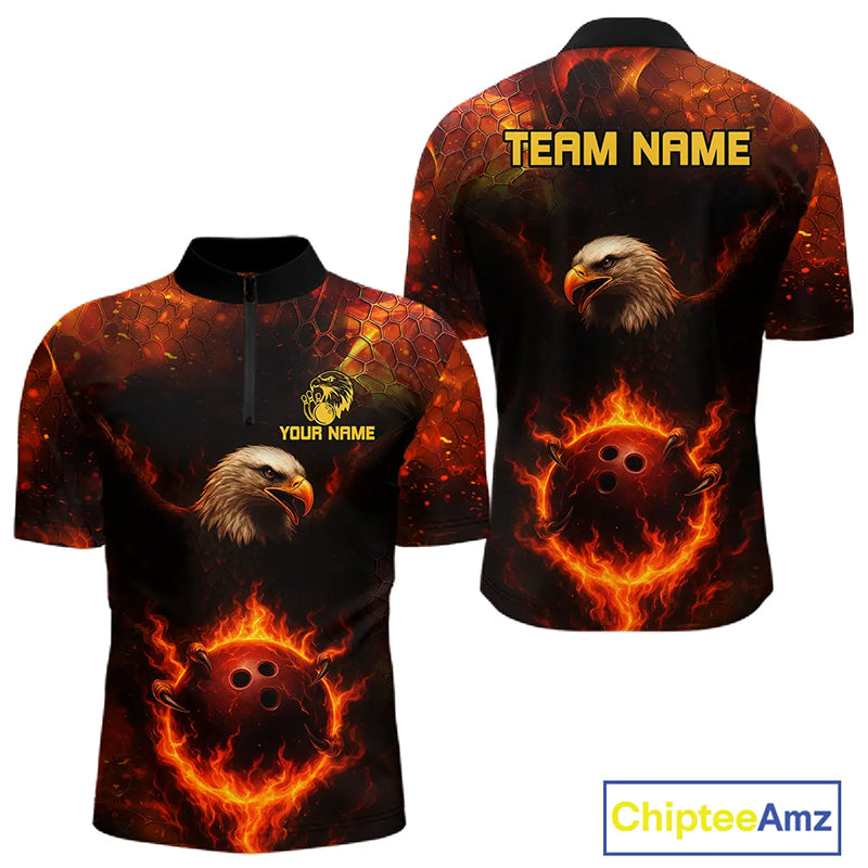 Personalized Flame Eagle Bowling Polo, Quarter Zip Shirts For Men Custom Team Eagle Bowling Jerseys NQS11236