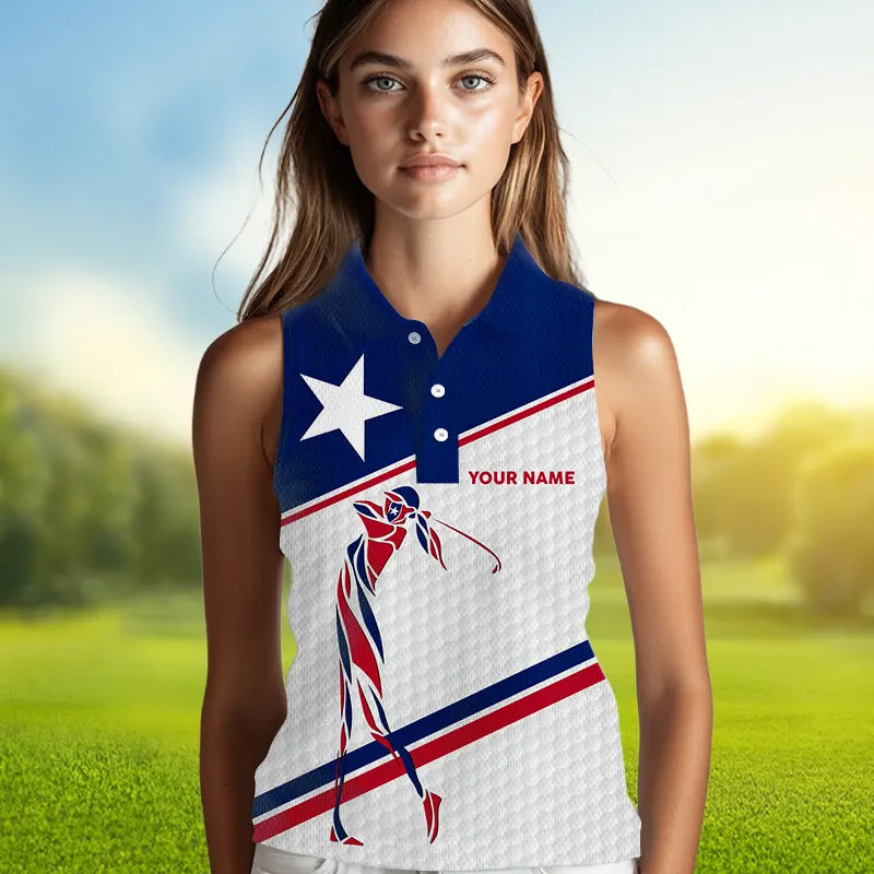 Personalized Texas flag patriotic golf white Womens sleeveless polo shirt custom ladies golf tops NQS9357