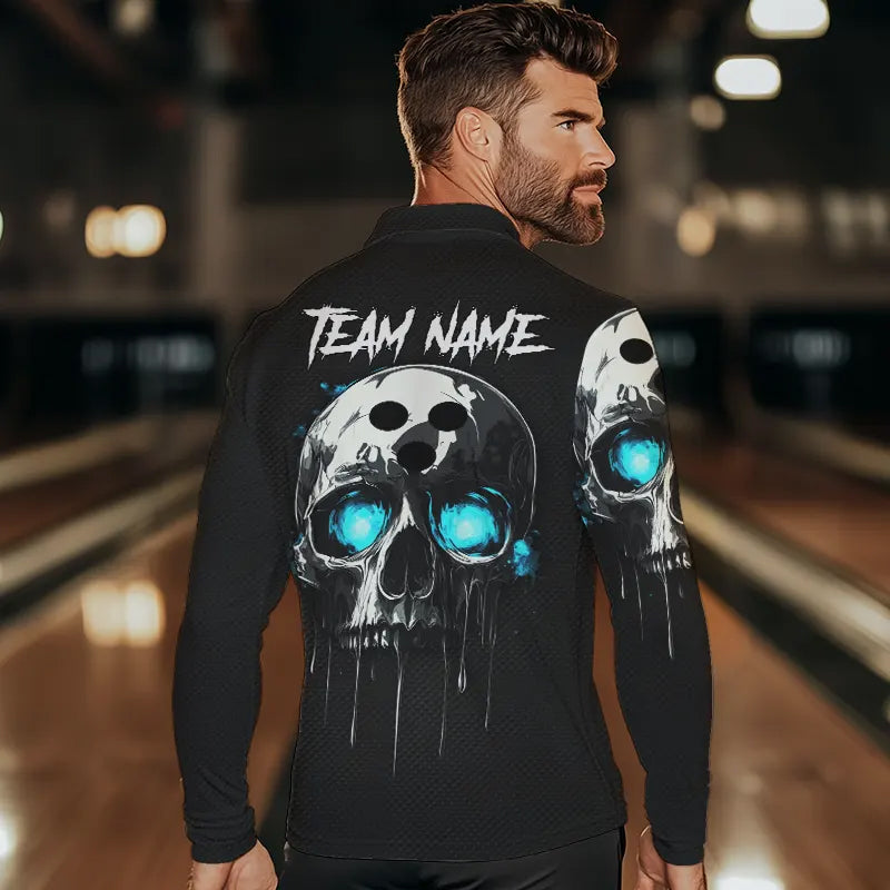 Black and Blue Skull Men's Bowling Polo, Quarter Zip shirts Custom Skull Team Bowling Jersey NQS9361