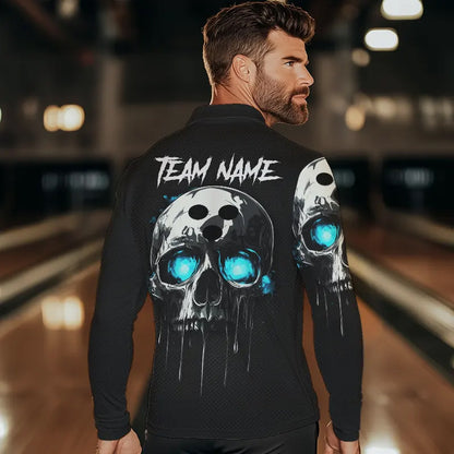 Black and Blue Skull Men's Bowling Polo, Quarter Zip shirts Custom Skull Team Bowling Jersey NQS9361