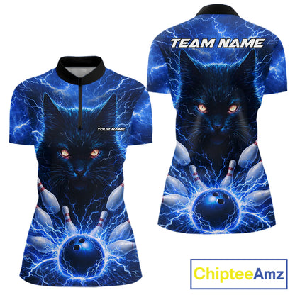 Blue Lightning Thunder Cat Bowling Jerseys for Women custom Bowling Polo, 1/4 zip Team League Shirts NQS11428