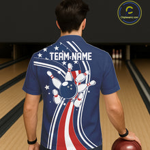 Load image into Gallery viewer, Retro bowling Hawaiian shirt Custom American flag patriotic team bowling button-up jersey | Navy NQS11430